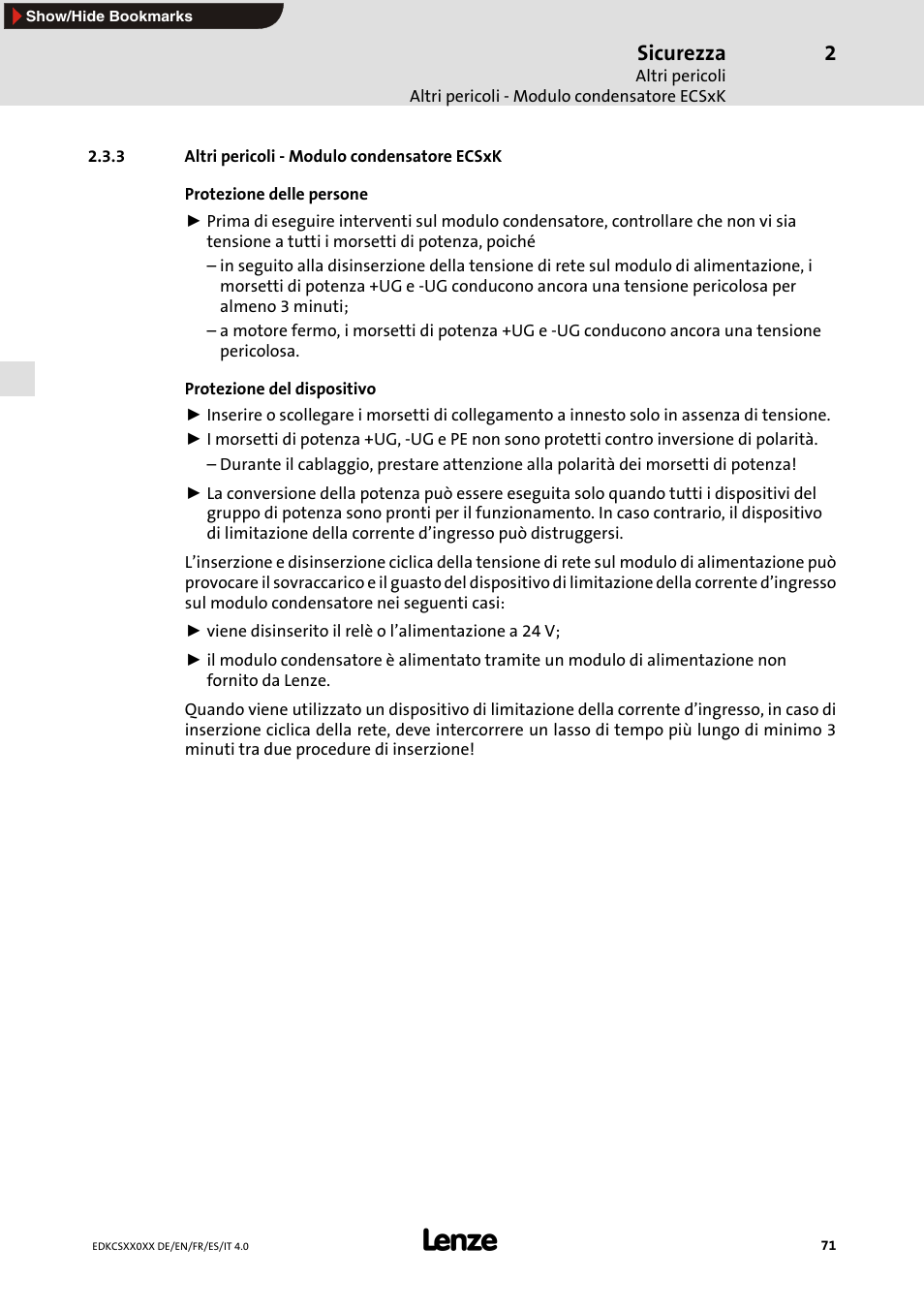 3 altri pericoli - modulo condensatore ecsxk, Sicurezza | Lenze ECS series User Manual | Page 71 / 74