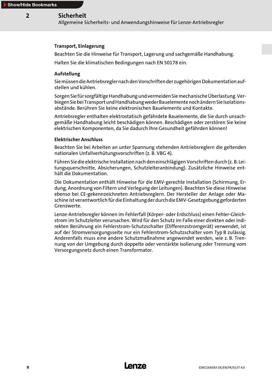 Sicherheit | Lenze ECS series User Manual | Page 8 / 74