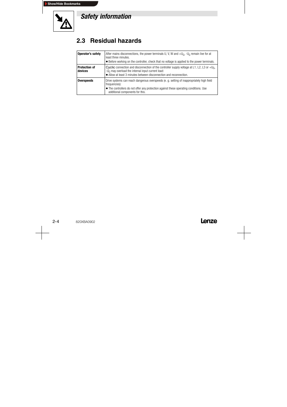 3 residual hazards, Safety information | Lenze 8200 series User Manual | Page 12 / 72