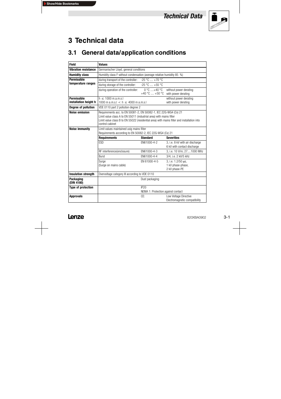3 technical data, 1 general data/ application conditions, 1 general data/application conditions | Technical data | Lenze 8200 series User Manual | Page 13 / 72