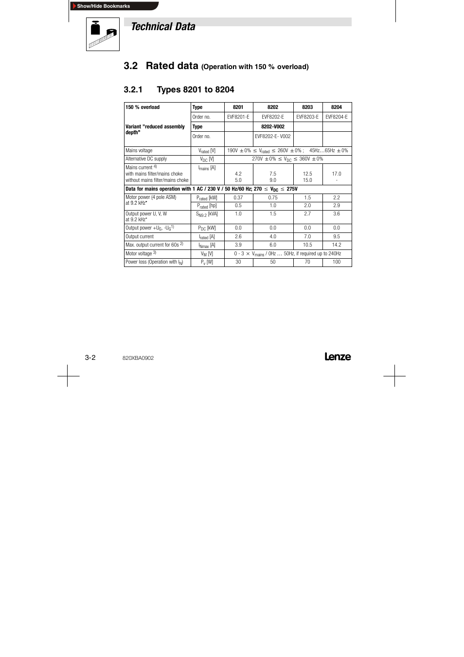 2 rated data (operation with 150 % overload), 1 types 8201 to 8204, Technical data | 2 rated data | Lenze 8200 series User Manual | Page 14 / 72