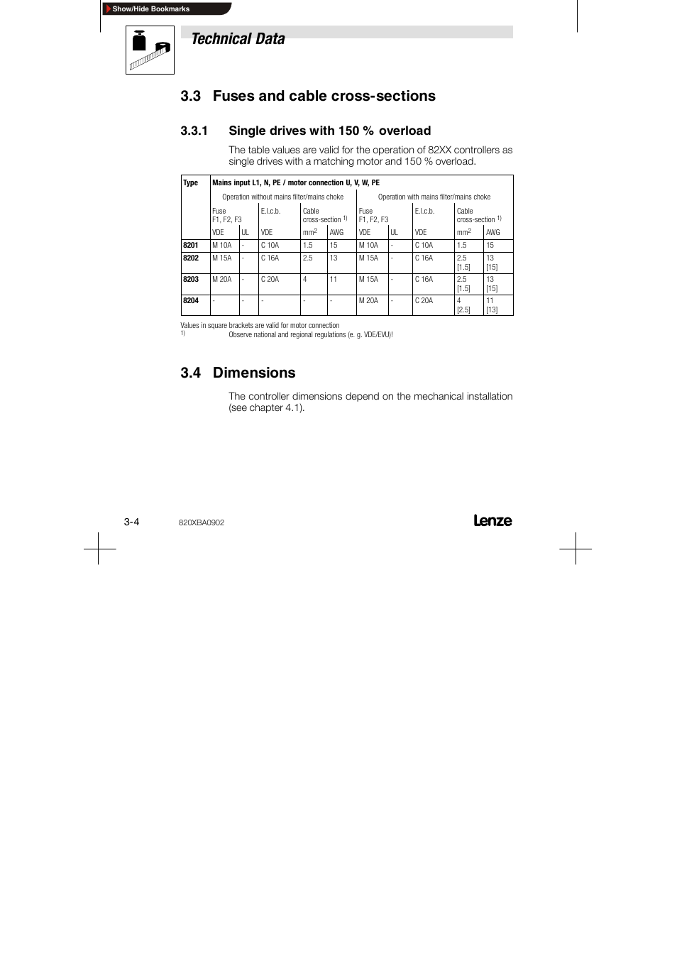 3 fuses and cable cross-sections, 1 single drives with 150 % overload, 4 dimensions | Technical data | Lenze 8200 series User Manual | Page 16 / 72
