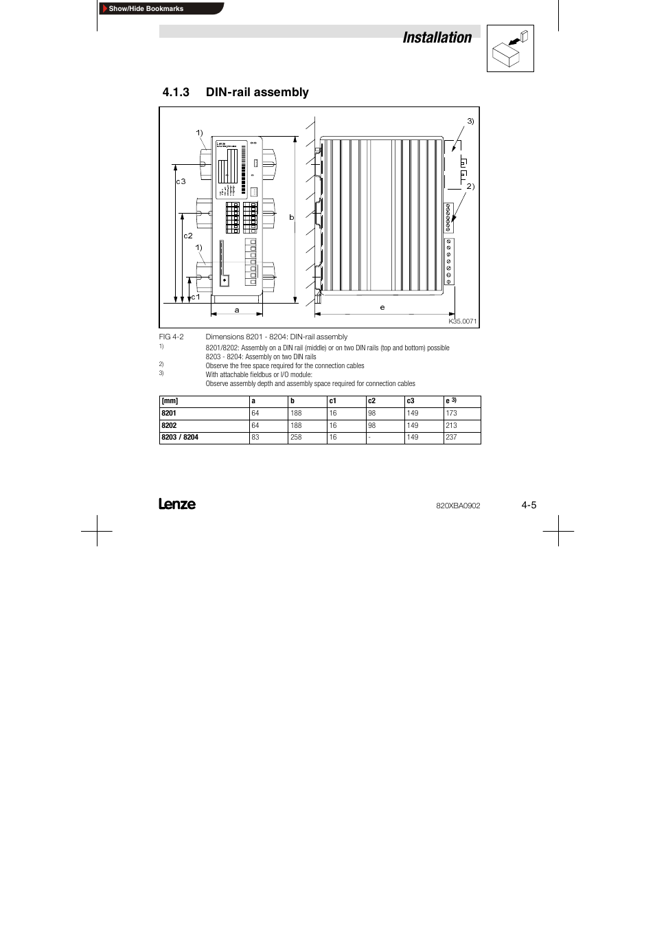 3 din-rail assembly, Installation | Lenze 8200 series User Manual | Page 21 / 72