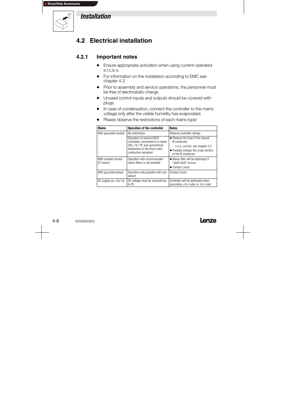 2 electrical installation, 1 important notes, Installation | Lenze 8200 series User Manual | Page 22 / 72