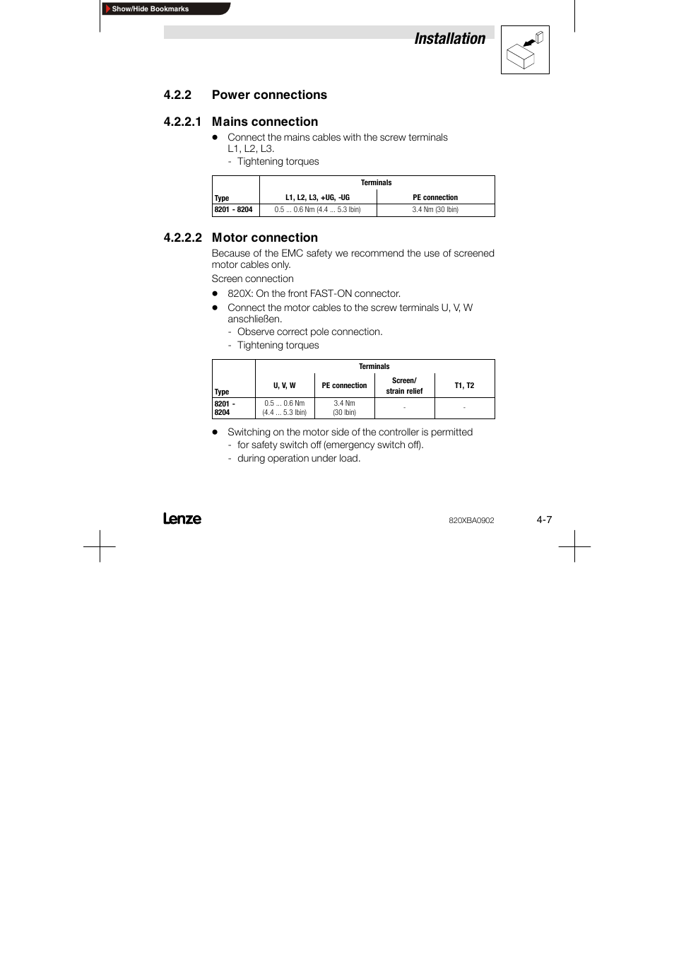 2 power connections, 1 mains connection, 2 motor connection | Installation | Lenze 8200 series User Manual | Page 23 / 72