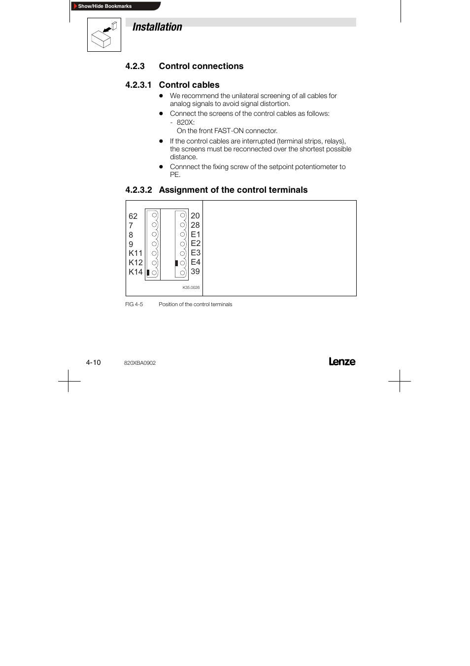 3 control connections, 1 control cables, 2 assignment of the control terminals | Installation | Lenze 8200 series User Manual | Page 26 / 72