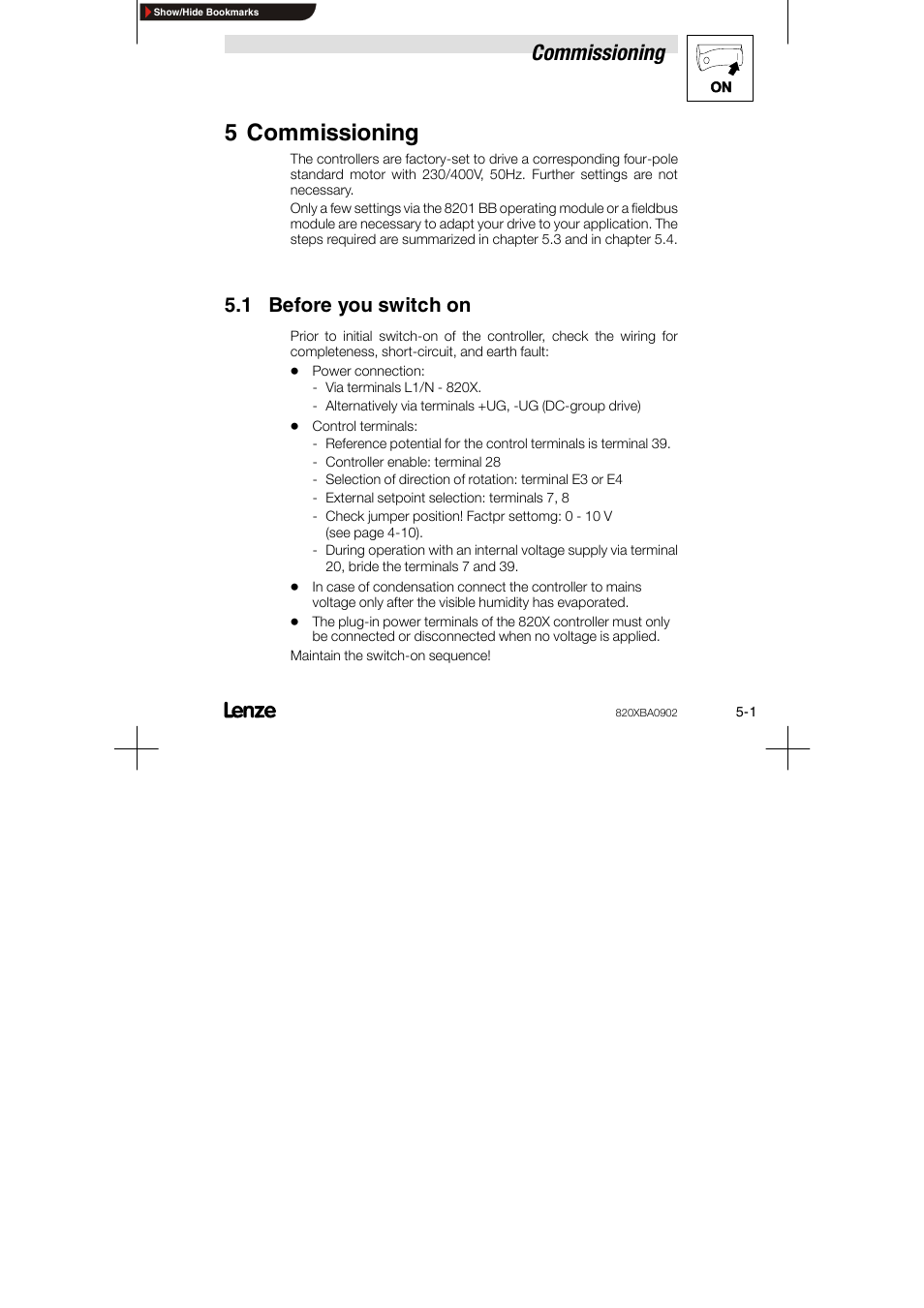 5 commissioning, 1 before you switch on, Commissioning | Lenze 8200 series User Manual | Page 33 / 72