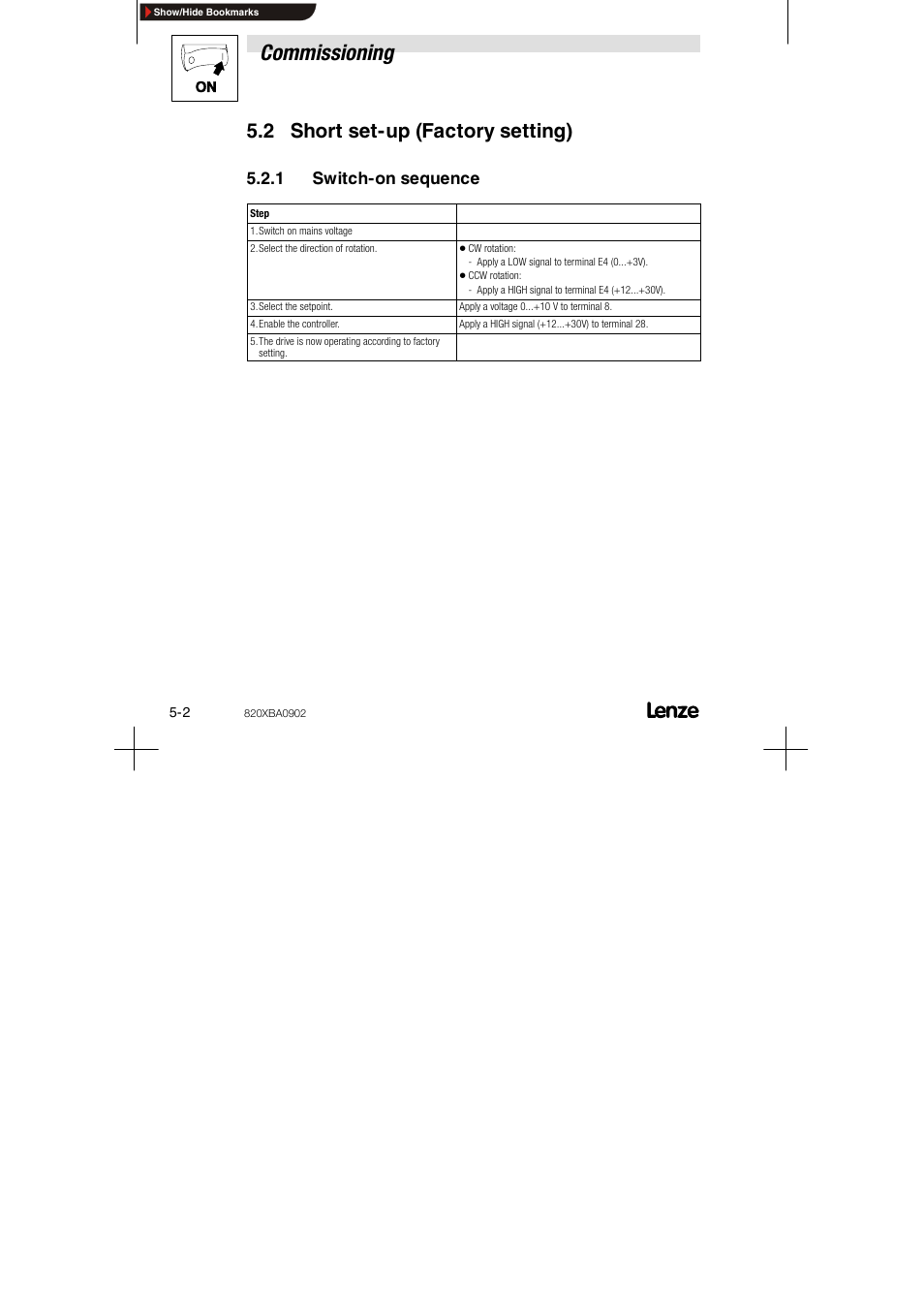 2 short set-up (factory setting), 1 switch-on sequence, Commissioning | Lenze 8200 series User Manual | Page 34 / 72