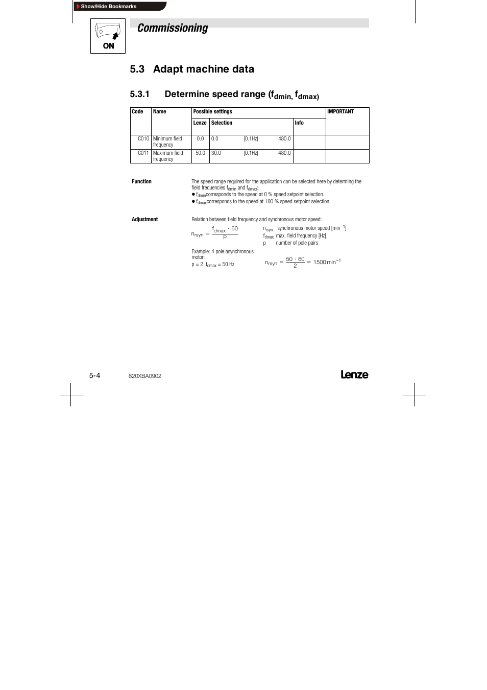3 adapt machine data, 1 determine speed range (fdmin, fdmax), Commissioning | 1 determine speed range (f | Lenze 8200 series User Manual | Page 36 / 72