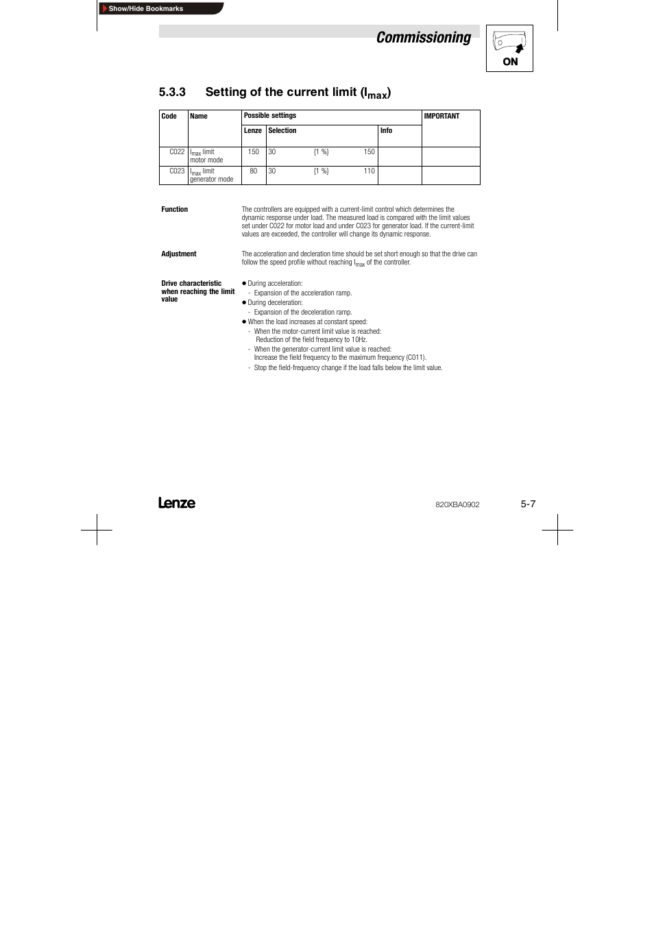 3 setting of the current limit (imax), Commissioning, 3 setting of the current limit (i | Lenze 8200 series User Manual | Page 39 / 72