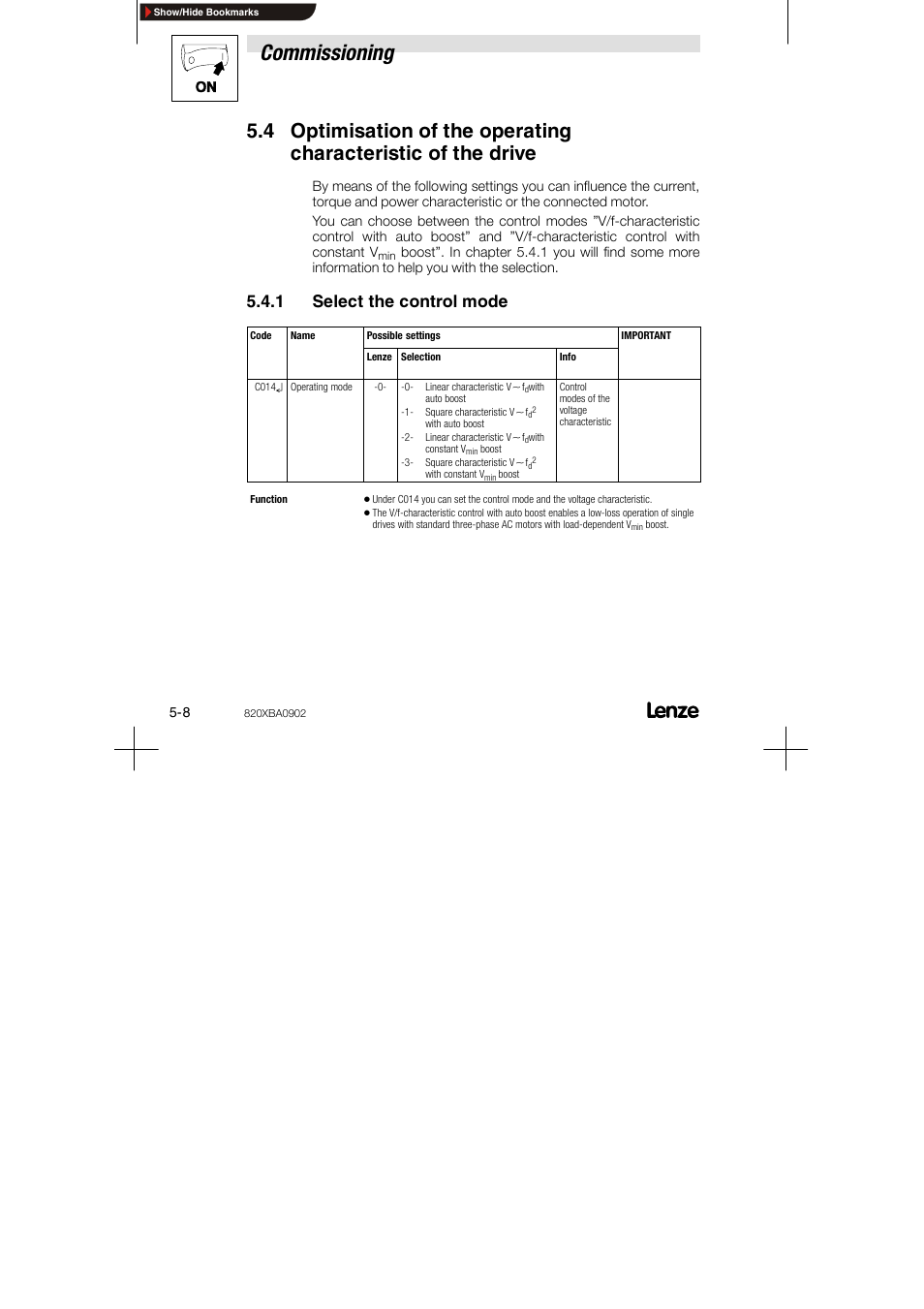 1 select the control mode, Commissioning | Lenze 8200 series User Manual | Page 40 / 72