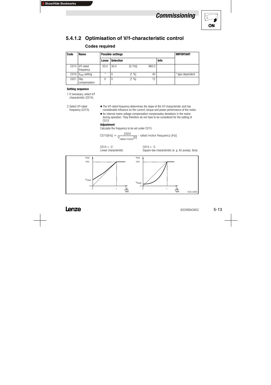 2 optimisation of v/ f-characteristic control, 2 optimisation of v/f-characteristic control, Commissioning | Codes required | Lenze 8200 series User Manual | Page 45 / 72