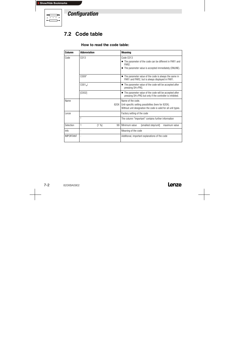 2 code table, Configuration | Lenze 8200 series User Manual | Page 50 / 72