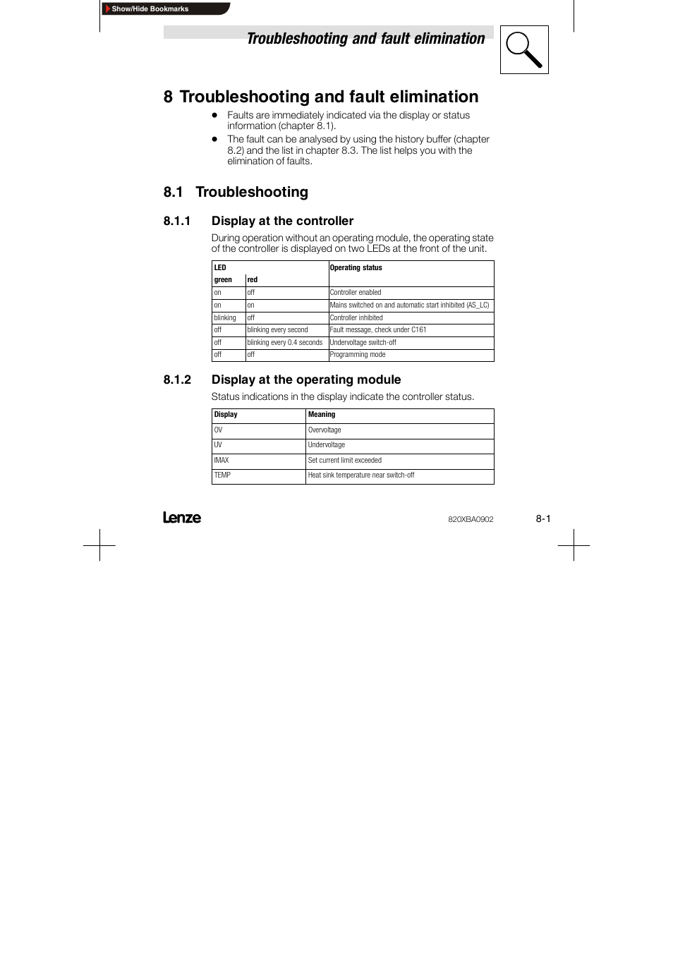 8 troubleshooting and fault elimination, 1 troubleshooting, 1 display at the controller | 2 display at the operating module, Troubleshooting and fault elimination | Lenze 8200 series User Manual | Page 59 / 72
