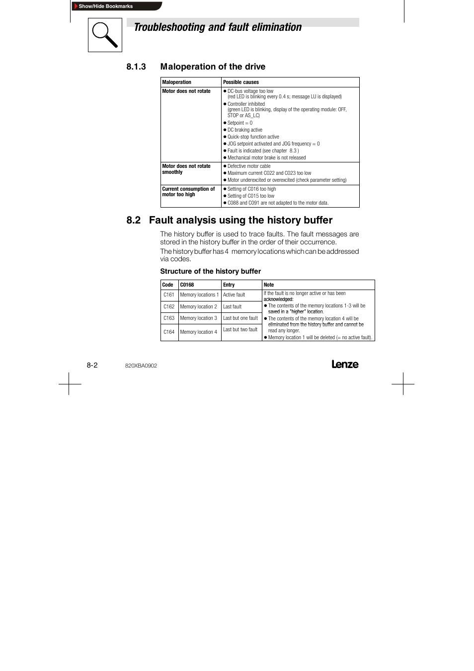 3 maloperation of the drive, 2 fault analysis using the history buffer, Troubleshooting and fault elimination | Lenze 8200 series User Manual | Page 60 / 72