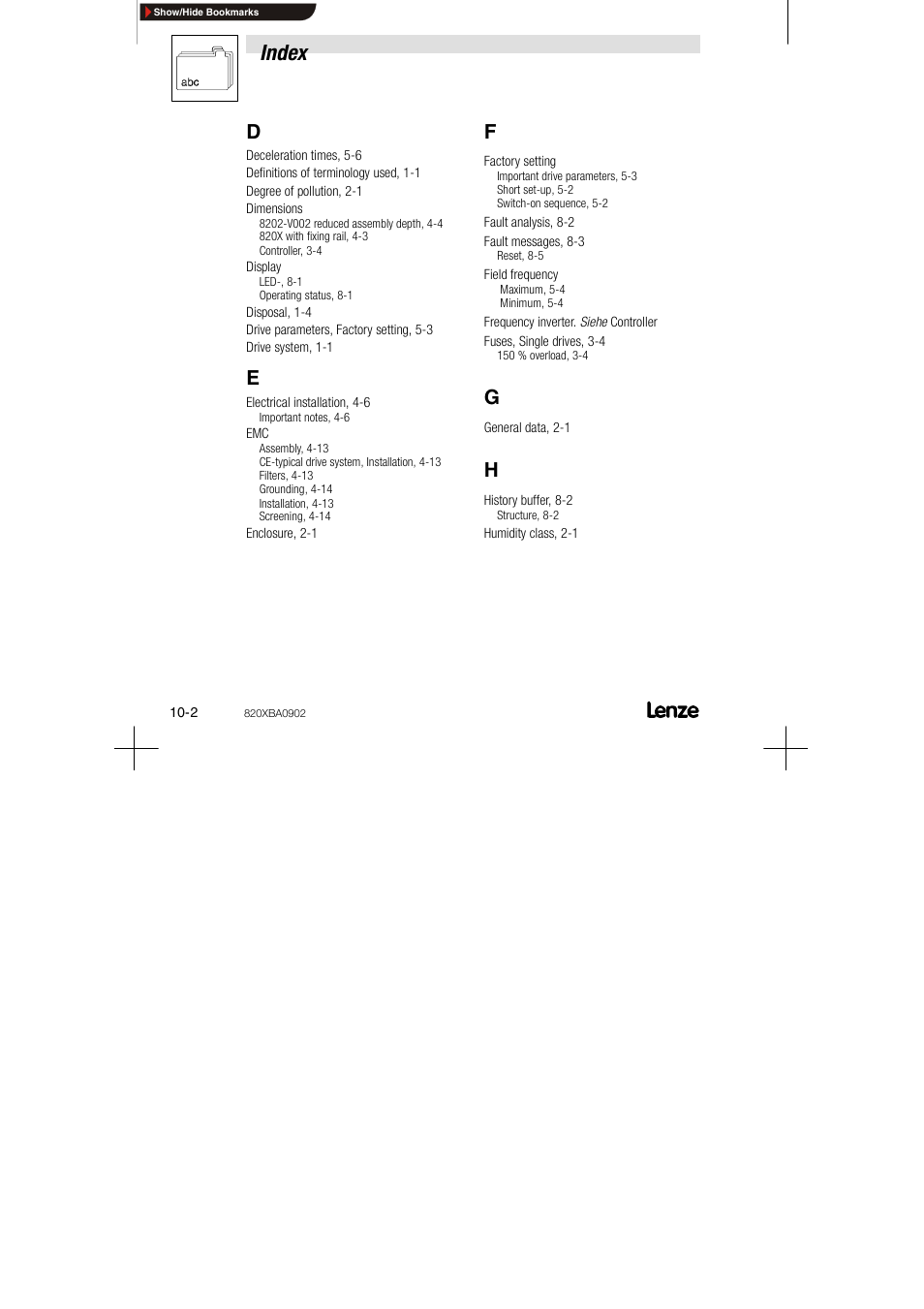 Index | Lenze 8200 series User Manual | Page 68 / 72