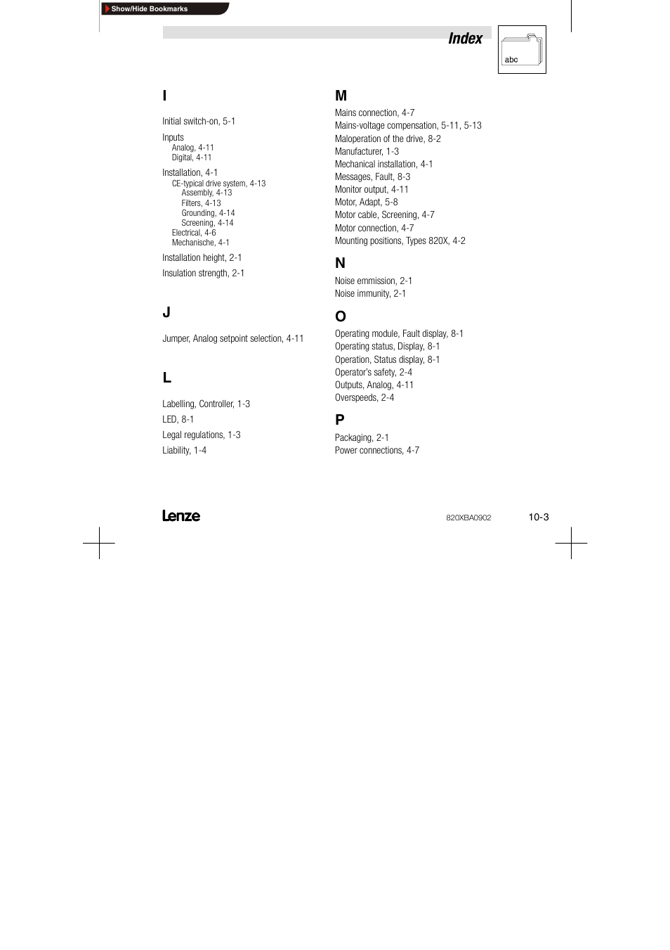 Index | Lenze 8200 series User Manual | Page 69 / 72