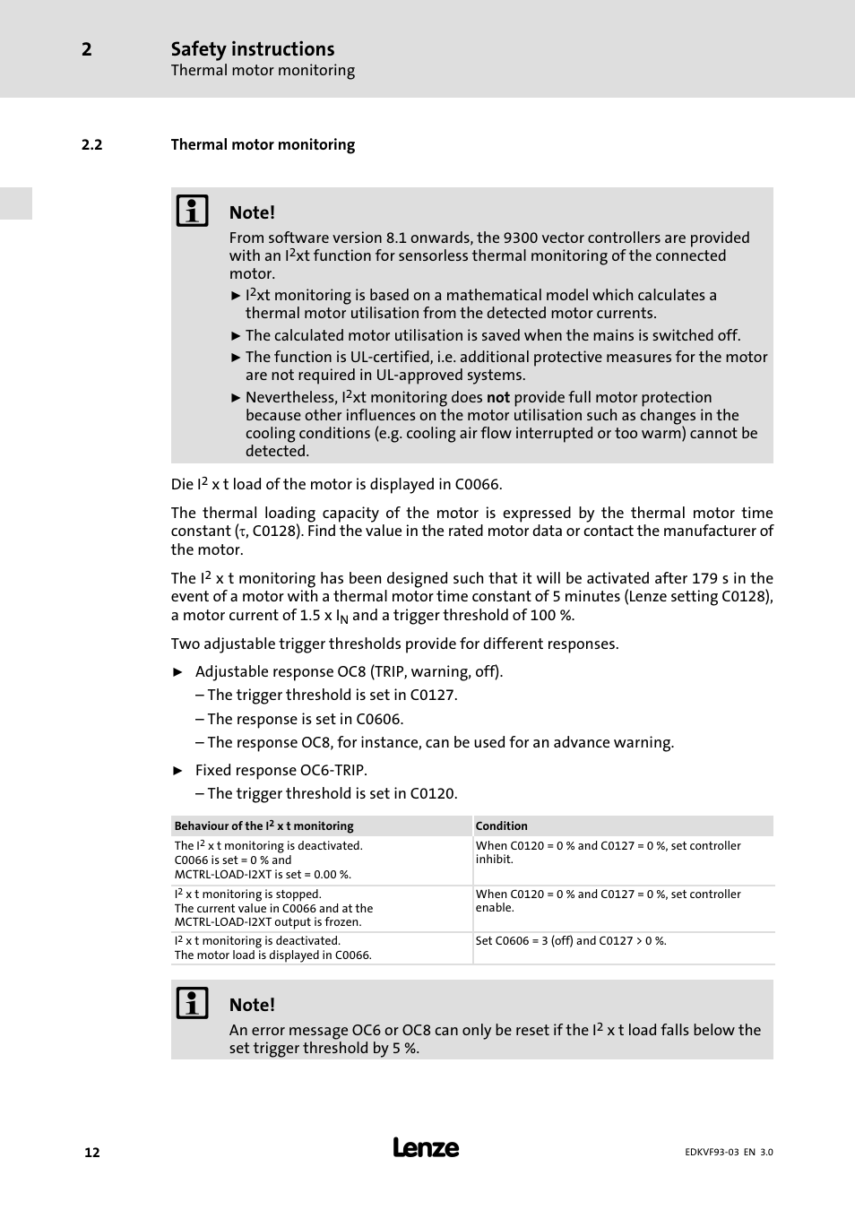 Thermal motor monitoring, Safety instructions | Lenze EVF9333−xV User Manual | Page 12 / 46