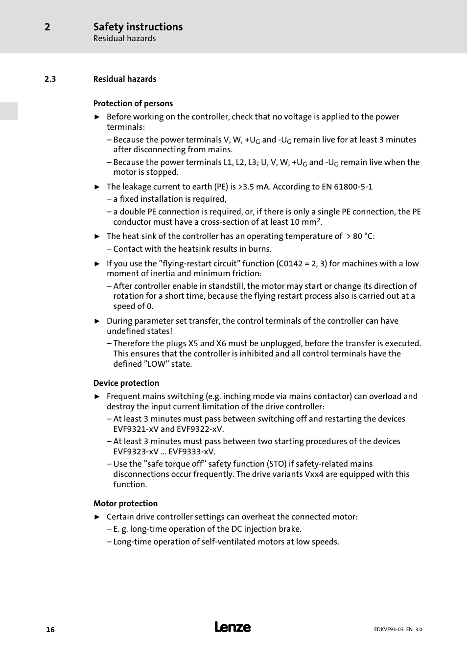 Residual hazards, Safety instructions | Lenze EVF9333−xV User Manual | Page 16 / 46
