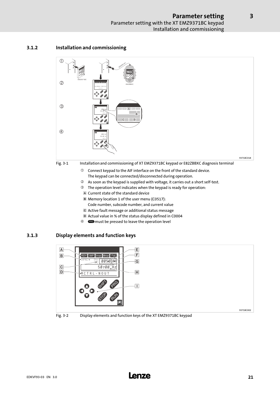 Installation and commissioning, Display elements and function keys, Parameter setting | 2 installation and commissioning, 3 display elements and function keys, Da b b c, Pshprg para code menu, Para code menu | Lenze EVF9333−xV User Manual | Page 21 / 46