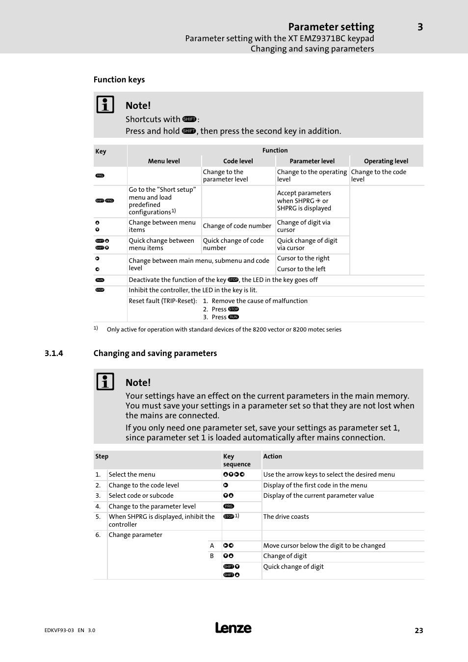 Changing and saving parameters, Parameter setting | Lenze EVF9333−xV User Manual | Page 23 / 46