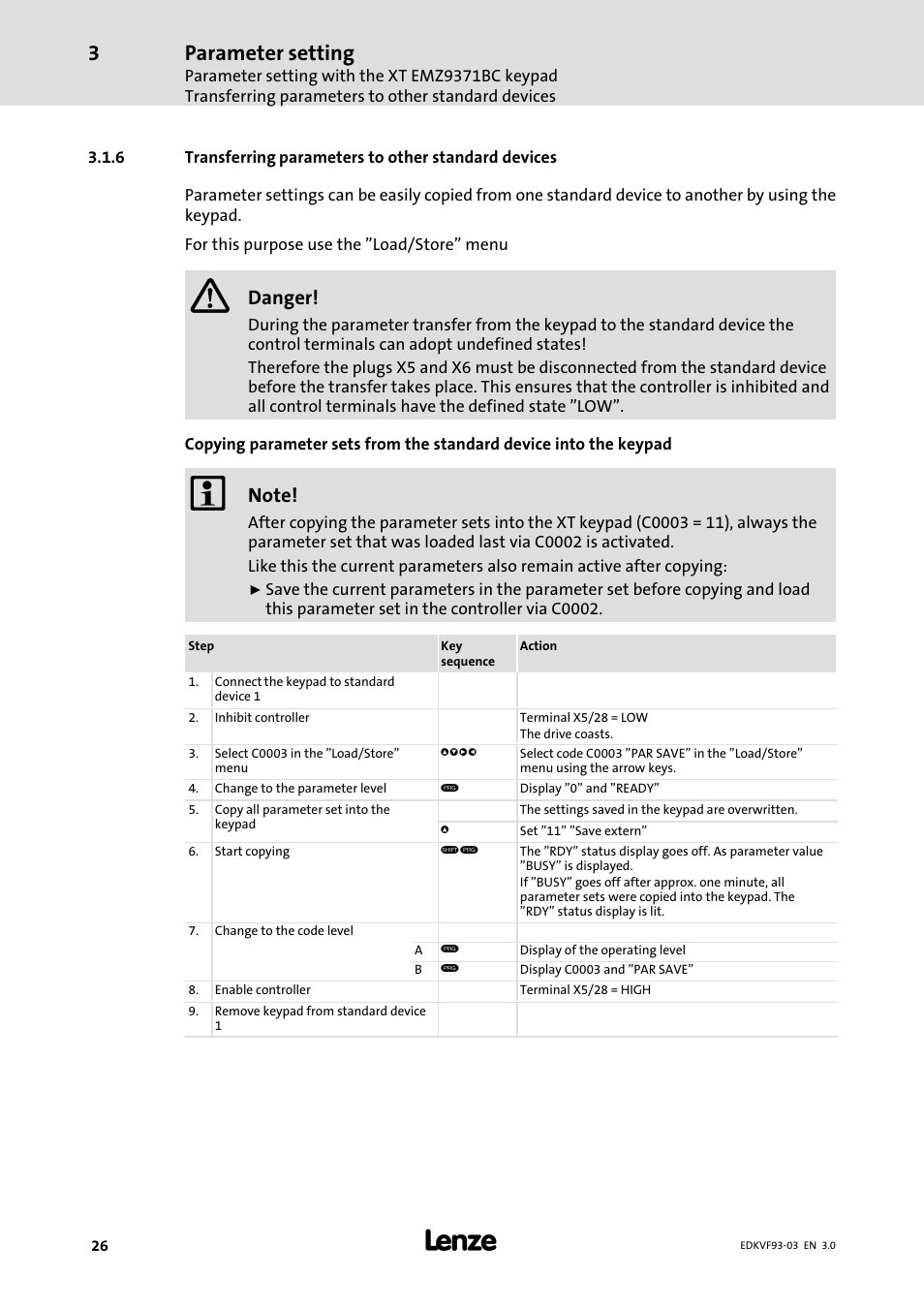 Transferring parameters to other standard devices, Parameter setting, Danger | Lenze EVF9333−xV User Manual | Page 26 / 46