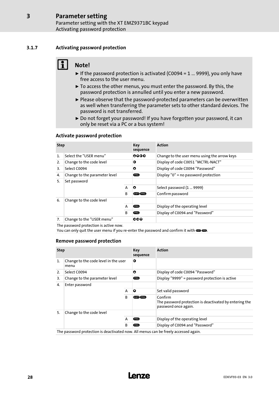 Activating password protection, Parameter setting | Lenze EVF9333−xV User Manual | Page 28 / 46