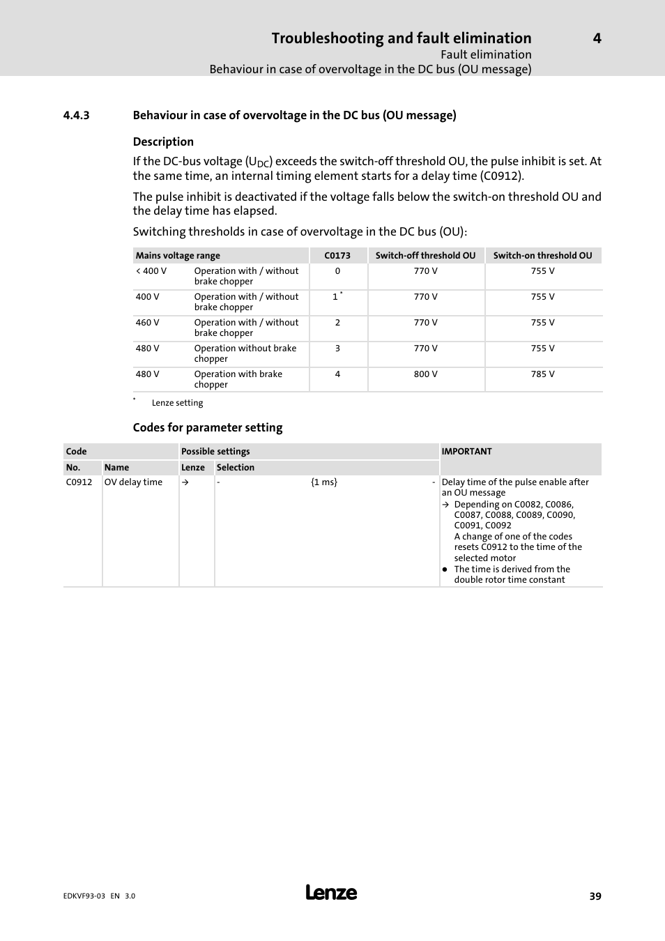 Troubleshooting and fault elimination | Lenze EVF9333−xV User Manual | Page 39 / 46