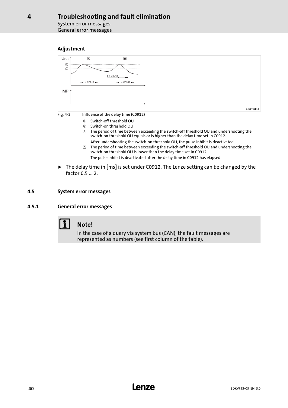 System error messages, General error messages, Troubleshooting and fault elimination | Lenze EVF9333−xV User Manual | Page 40 / 46