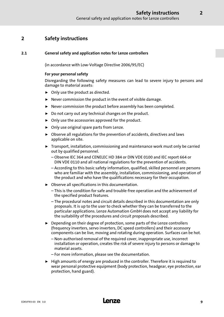 Safety instructions, 2safety instructions | Lenze EVF9333−xV User Manual | Page 9 / 46
