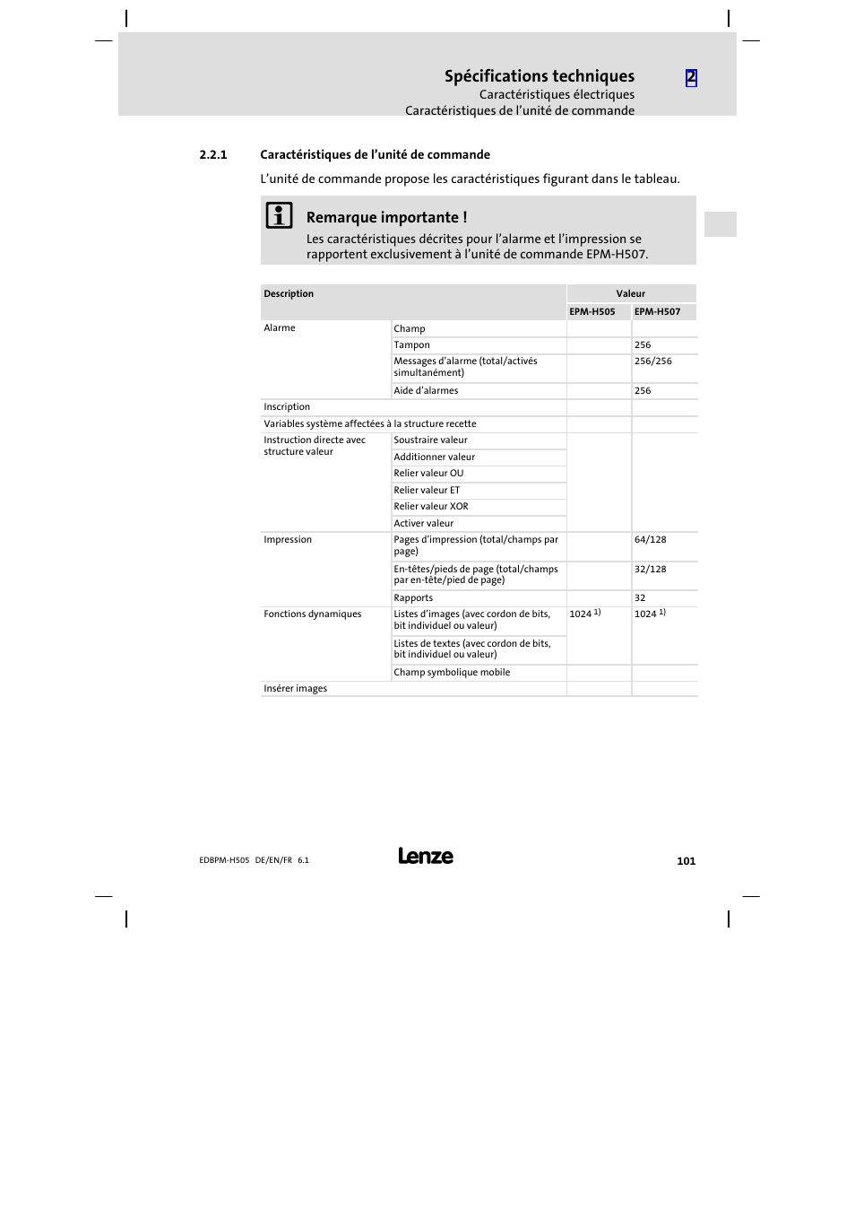 1 caractéristiques de l'unité de commande, Caractéristiques de l’unité de commande, Spécifications techniques | Remarque importante | Lenze EPM−H507 User Manual | Page 101 / 136