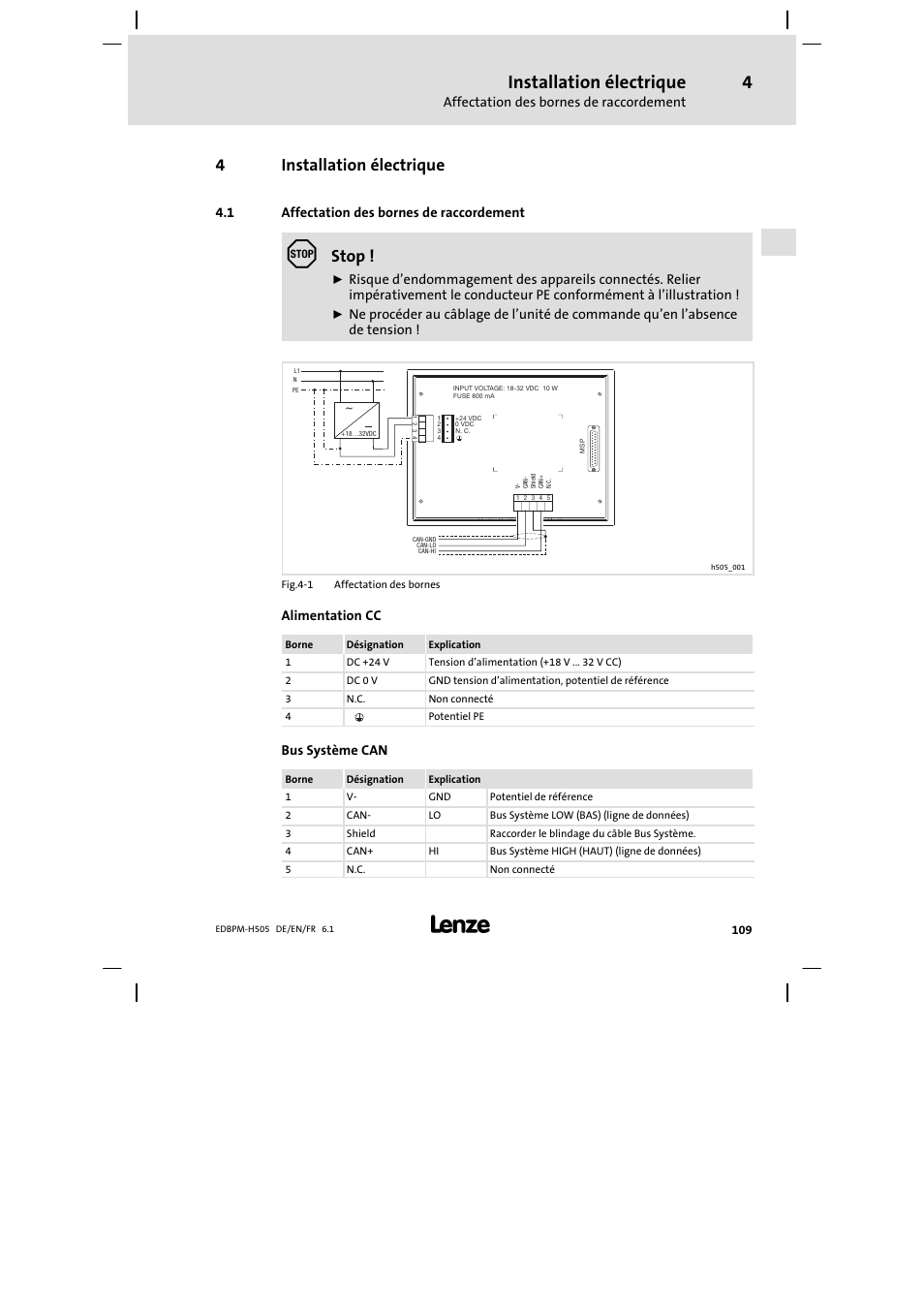 4 installation électrique, 1 affectation des bornes de raccordement, Installation électrique | Affectation des bornes de raccordement, 4installation électrique, Stop, Alimentation cc, Bus système can | Lenze EPM−H507 User Manual | Page 109 / 136