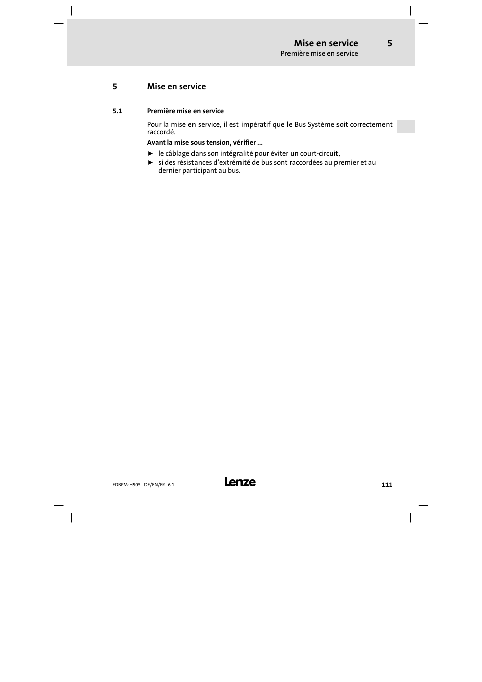 5 mise en service, 1 première mise en service, Mise en service | Première mise en service | Lenze EPM−H507 User Manual | Page 111 / 136