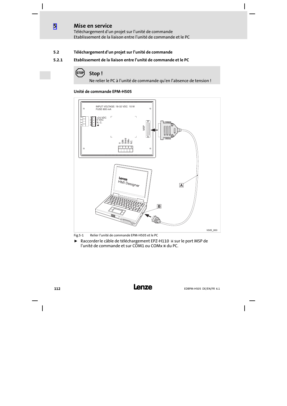 Téléchargement d’un projet sur l’unité de commande, Mise en service, Stop | Lenze EPM−H507 User Manual | Page 112 / 136