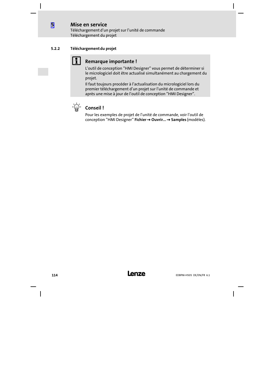 2 téléchargement du projet, Téléchargement du projet | Lenze EPM−H507 User Manual | Page 114 / 136