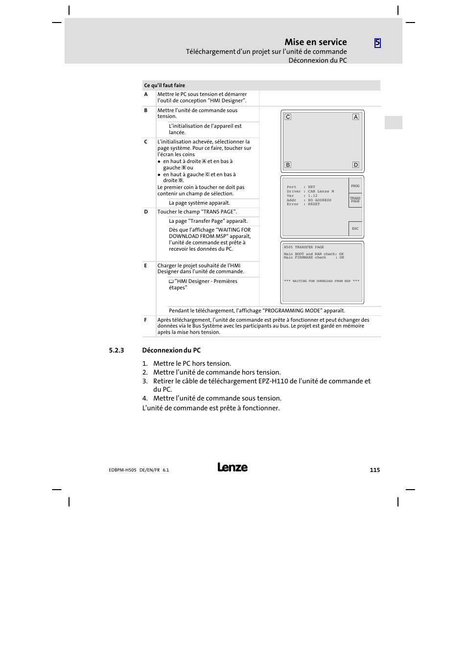 3 déconnexion du pc, Déconnexion du pc, Mise en service | Lenze EPM−H507 User Manual | Page 115 / 136