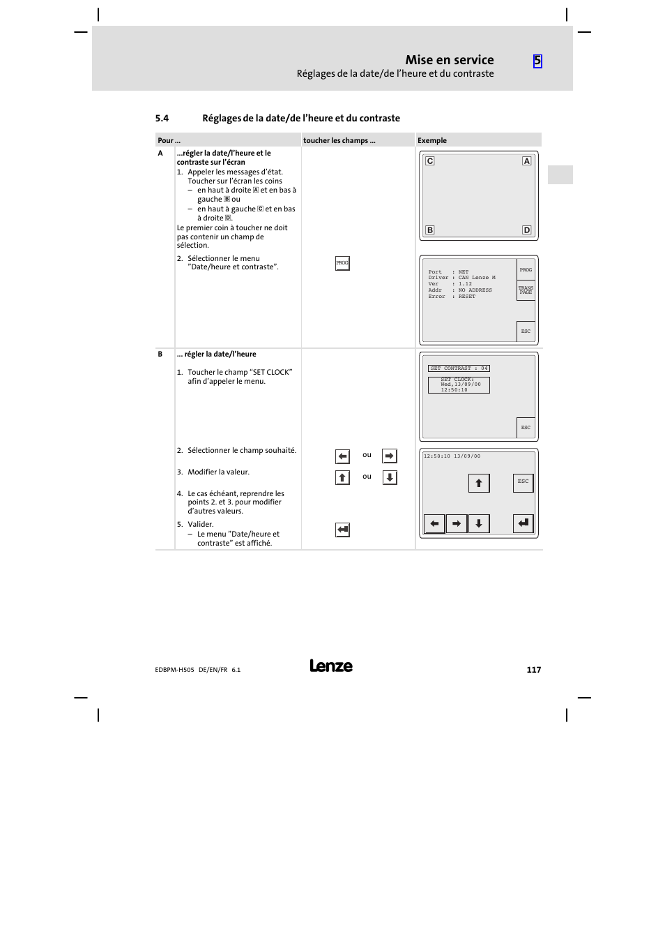 4 réglages de la date/de l'heure et du contraste, Réglages de la date/de l’heure et du contraste, Mise en service | Lenze EPM−H507 User Manual | Page 117 / 136