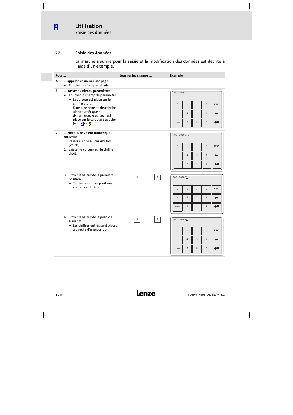 2 saisie des données, Saisie des données, Utilisation | Lenze EPM−H507 User Manual | Page 120 / 136