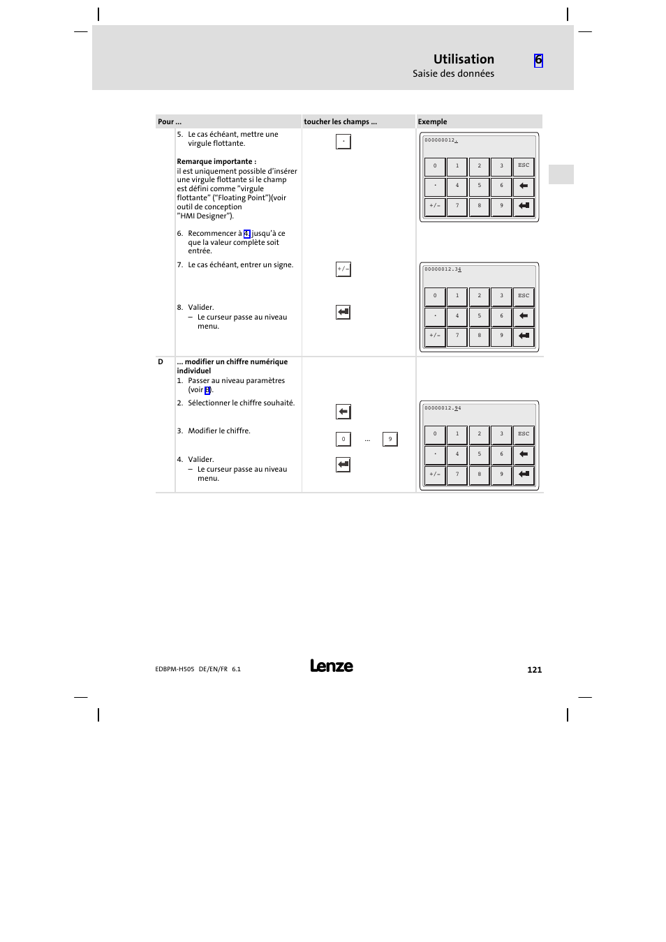 Utilisation, Saisie des données | Lenze EPM−H507 User Manual | Page 121 / 136