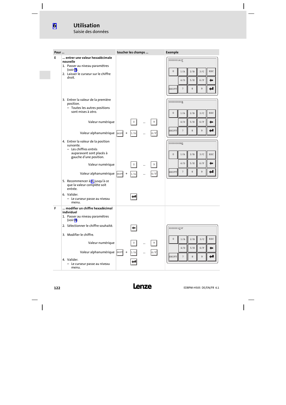 Utilisation, Saisie des données | Lenze EPM−H507 User Manual | Page 122 / 136