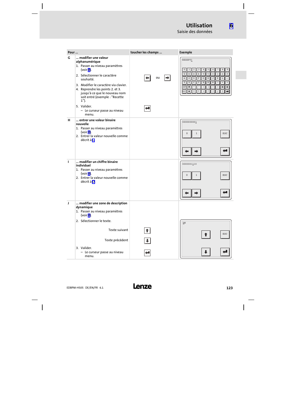 Utilisation, Saisie des données | Lenze EPM−H507 User Manual | Page 123 / 136