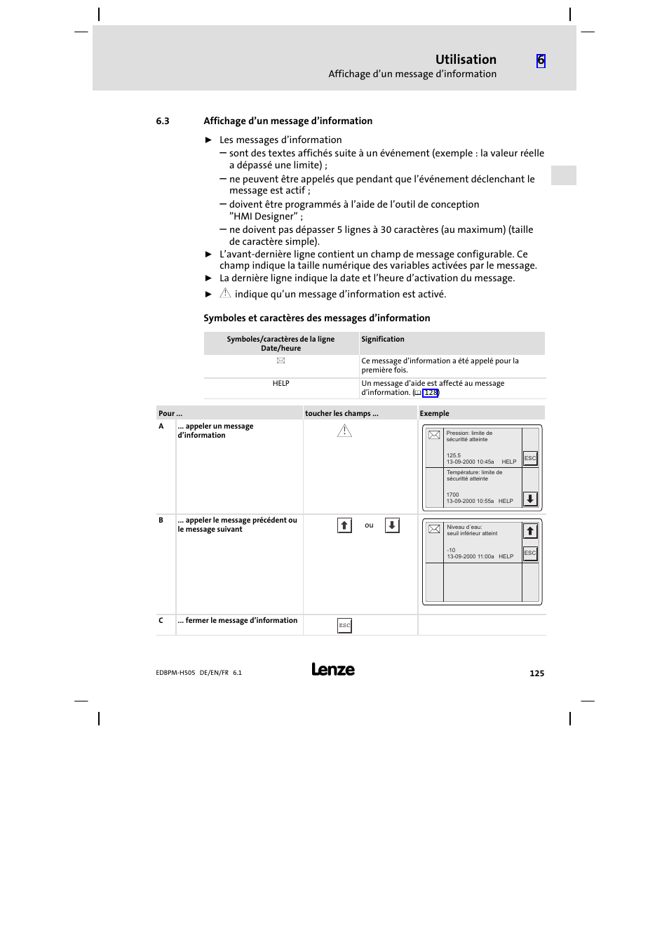 3 affichage d'un message d'information, Affichage d’un message d’information, Utilisation | Lenze EPM−H507 User Manual | Page 125 / 136