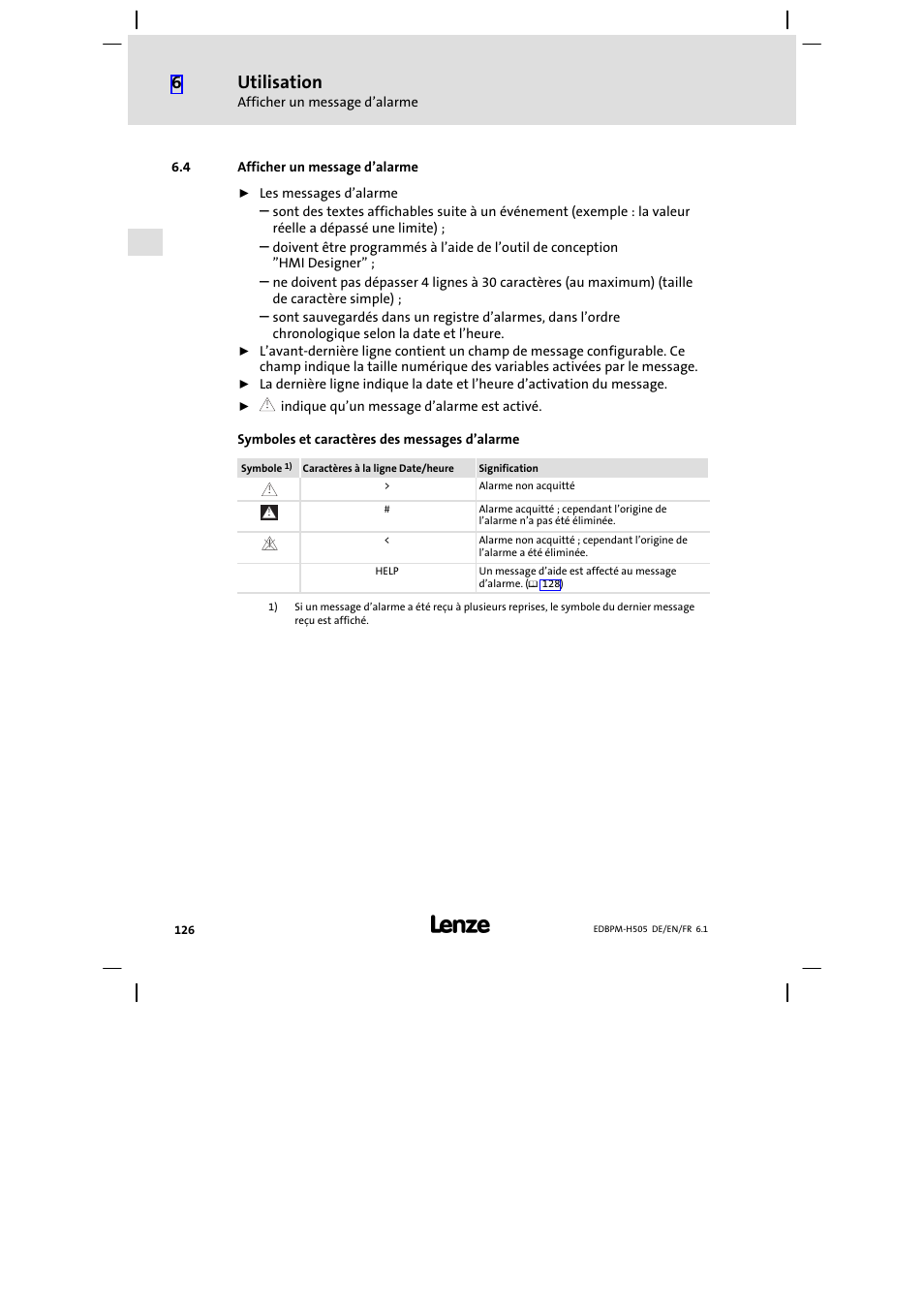 4 afficher un message d'alarme, Afficher un message d’alarme, Utilisation | Lenze EPM−H507 User Manual | Page 126 / 136