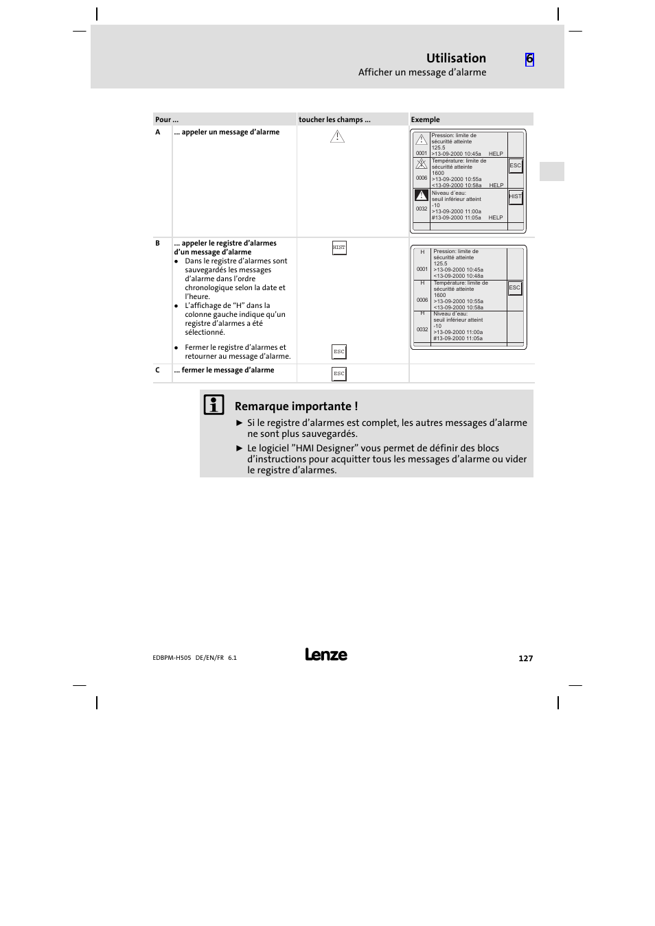 Utilisation, Remarque importante | Lenze EPM−H507 User Manual | Page 127 / 136