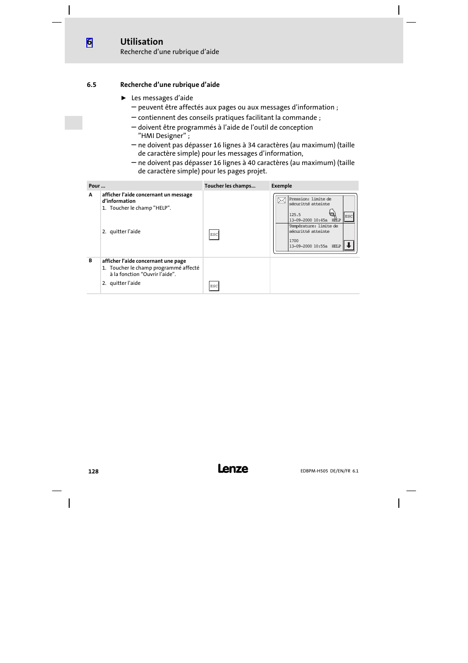5 recherche d'une rubrique d'aide, Recherche d’une rubrique d’aide, Utilisation | Lenze EPM−H507 User Manual | Page 128 / 136