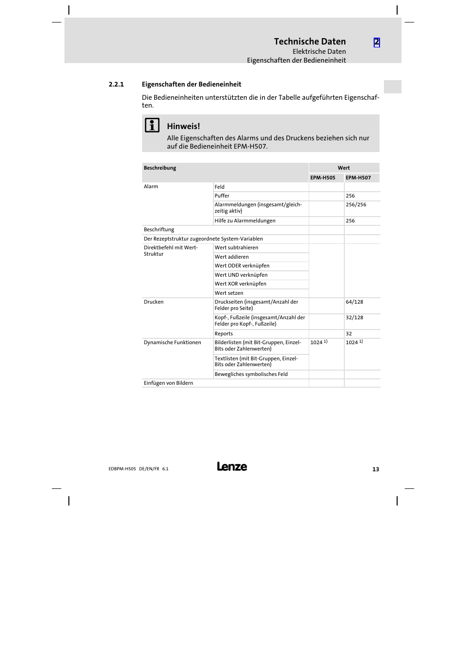 1 eigenschaften der bedieneinheit, Eigenschaften der bedieneinheit, Technische daten | Hinweis | Lenze EPM−H507 User Manual | Page 13 / 136