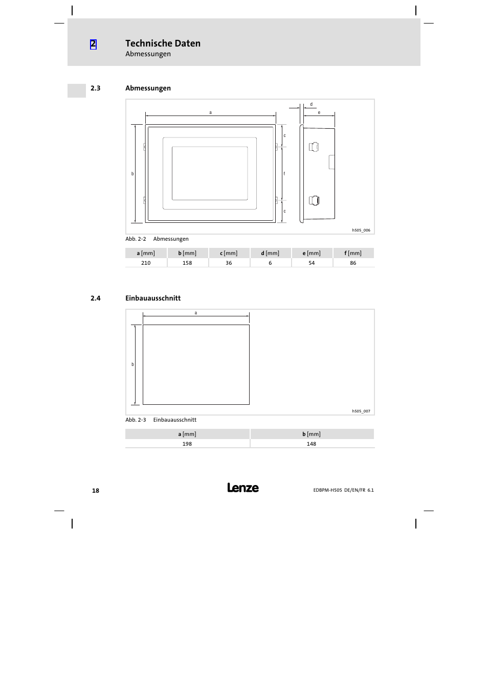 3 abmessungen, 4 einbauausschnitt, Abmessungen | Einbauausschnitt, Technische daten | Lenze EPM−H507 User Manual | Page 18 / 136