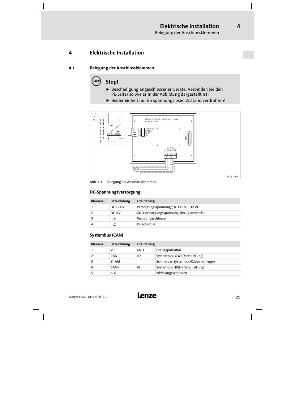 4 elektrische installation, 1 belegung der anschlussklemmen, Elektrische installation | Belegung der anschlussklemmen, 4elektrische installation, Stop, Dc−spannungsversorgung, Systembus (can) | Lenze EPM−H507 User Manual | Page 21 / 136