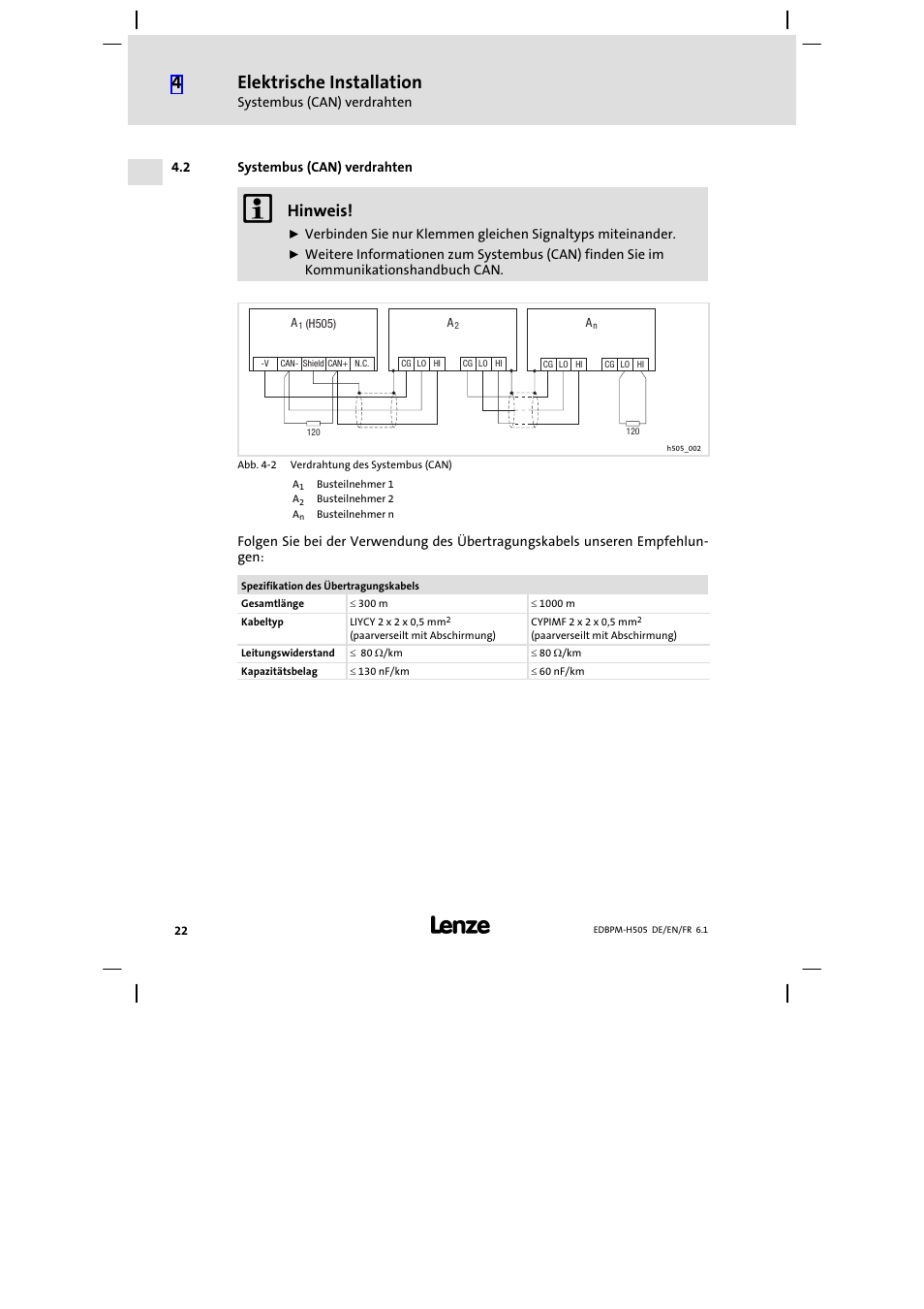 2 systembus (can) verdrahten, Systembus (can) verdrahten, Elektrische installation | Hinweis | Lenze EPM−H507 User Manual | Page 22 / 136