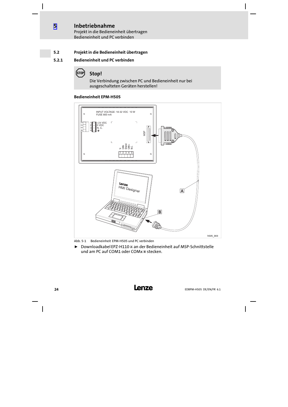 2 projekt in die bedieneinheit übertragen, 1 bedieneinheit und pc verbinden, Projekt in die bedieneinheit übertragen | Bedieneinheit und pc verbinden, Inbetriebnahme, Stop | Lenze EPM−H507 User Manual | Page 24 / 136